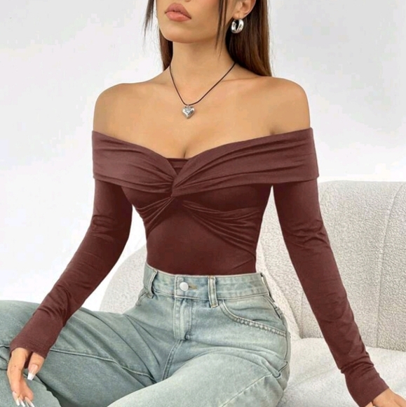 Brown Knitted Off-Shoulder Women's Bodysuit - Picture 4 of 4